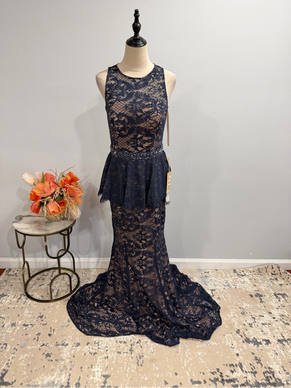 Feriani Couture Navy Lace With Nude Lining Peplum Sleeveless Mermaid Formal Gown